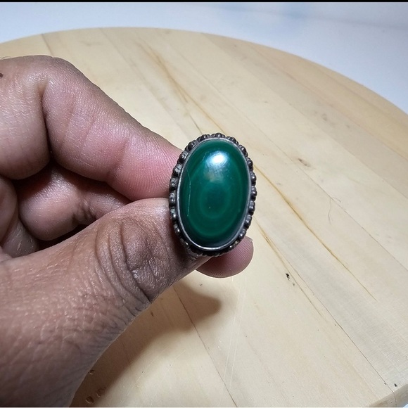Vintage Sterling Silver 925 Oval Malachite Stone Ring Size 5.5-6 Weighs 10 Grams - Picture 1 of 10